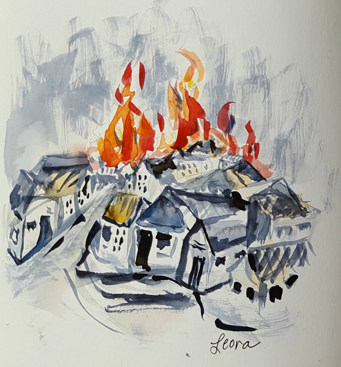A Fire is Burning: watercolor by Leora Wenger based on a poem by Mordechai Gebirtig